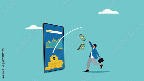 phone scam with fraud investment offers, social media crime with theft of personal data, happy man who is tempted by fake investment offers that are detrimental and threaten personal data
