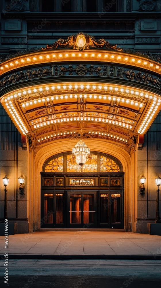 Obraz premium A large building with a large entrance with lights