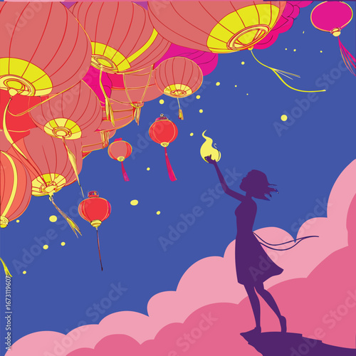 Young woman releases glowing lanterns into a starry night sky