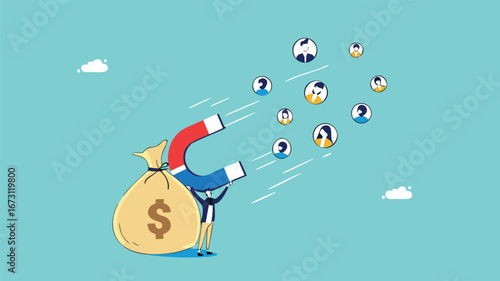 Customer acquisition cost or CAC, marketing expense on customer retention, advertising cost for lead generation, businessman uses magnets with dollar costs to attract customers
