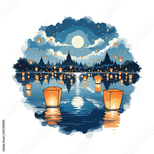 Glowing paper lanterns drift peacefully on calm water under a bright full moon