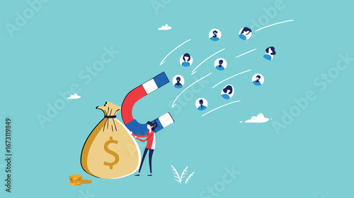 Customer acquisition cost or CAC, marketing expense on customer retention, advertising cost for lead generation, businessman uses magnets with dollar costs to attract customers
