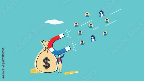 Customer acquisition cost or CAC, marketing expense on customer retention, advertising cost for lead generation, businessman uses magnets with dollar costs to attract customers
