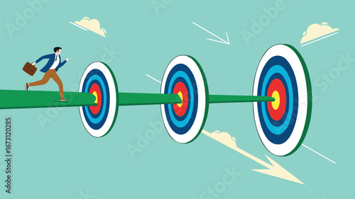 step to reach success or achievement, Short term, mid-term and long term goals, stages to achieve greater success, businessman running to short, medium and long term success target
