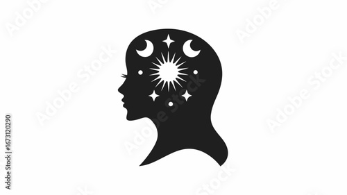 Silhouette of a woman's head filled with celestial elements including moons stars and a sun design art | editable eps vectors