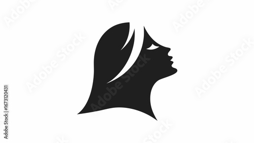 Silhouette of a woman's head and shoulders with flowing hair looking upwards in black and white style art | editable eps vectors