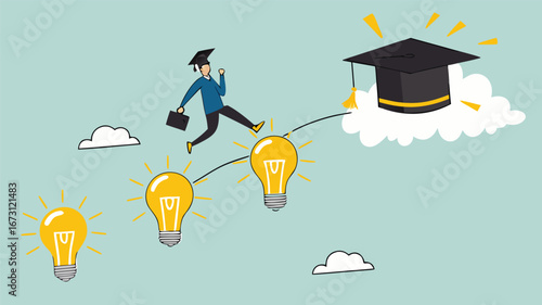 success step to achieve high education with knowledge, way to achieve higher education, journey to graduation, man jump through the light bulb idea towards graduation cap concept vector illustration
