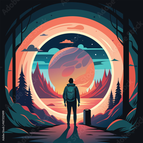 Lone traveler observes a vibrant cosmic phenomenon in a surreal landscape