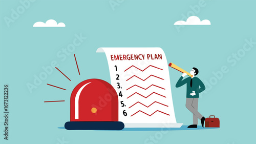 business emergency action plan with businessman holding pencil standing next to siren and emergency plan list paper, emergency action plan, emergency action plan when business disaster occurs
