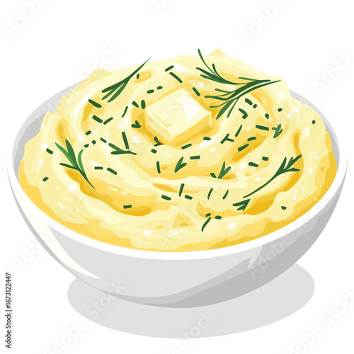 flat vector of mashed potatoes with gravy and butter, traditional side dish