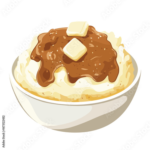 flat vector of mashed potatoes with gravy and butter, traditional side dish