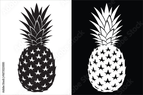 Stylized Black and White Pineapple Illustrations with Star Patterns