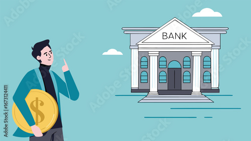 deposit money in a bank vector illustration, object financial investment, cash deposit to the bank, profit in crease concept, businessman bring golden coin into bank building concept illustration
