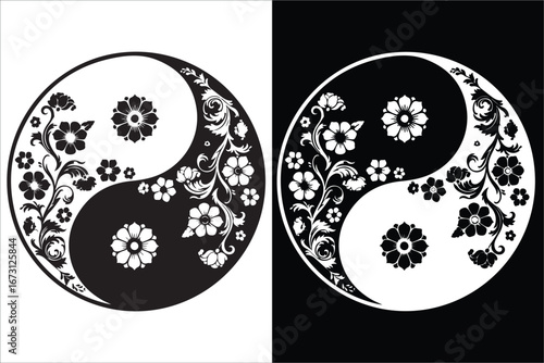 Decorative Floral Yin Yang Symbols in Black and White