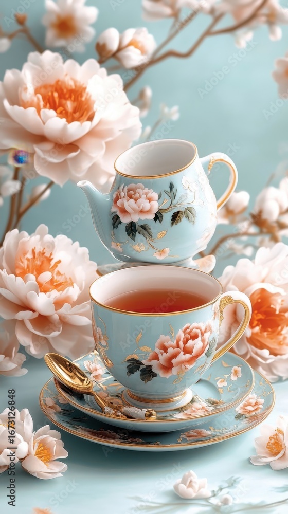 Fototapeta premium Floral Tea Set with Peonies