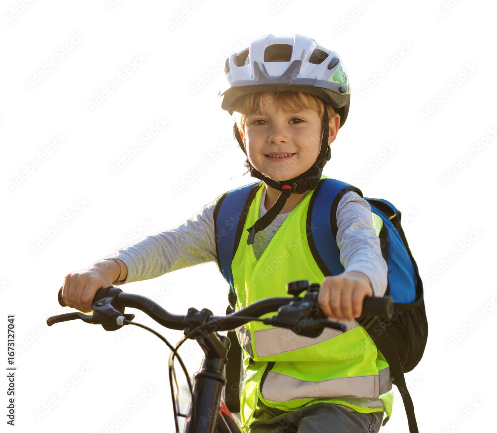 Obraz premium Smiling Boy on Bicycle Wearing Helmet and Safety Vest