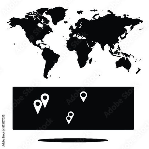 Black and White World Map with Location Markers for Global Business and Travel Destinations Representing International Connections and Geographic Positioning