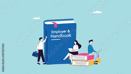 employee handbook, procedure book or company rules, company introduction guidebook for new employees, business manual to success, male and female employees read and understand the employee handbook
