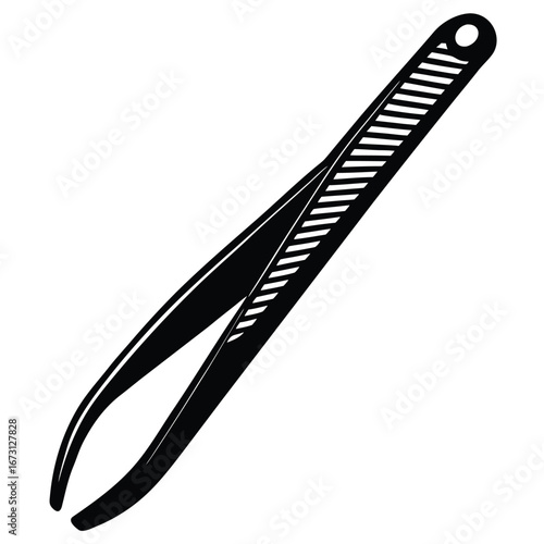 Black Silhouette of Slanted Precision Tweezers with Grooved Handle on White grooming tool