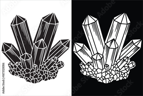 Graphic Illustration of Crystal Cluster with Contrasting Black and White Designs