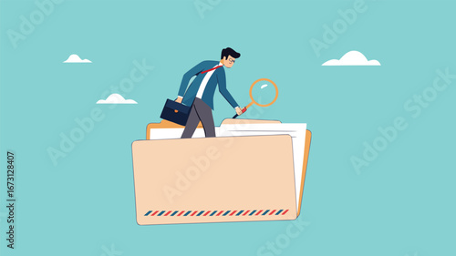 Document, search or file archive, office contract concept, research papers or documentation files, company documents archive, businessman looking for files in a document file using a magnifying glass
