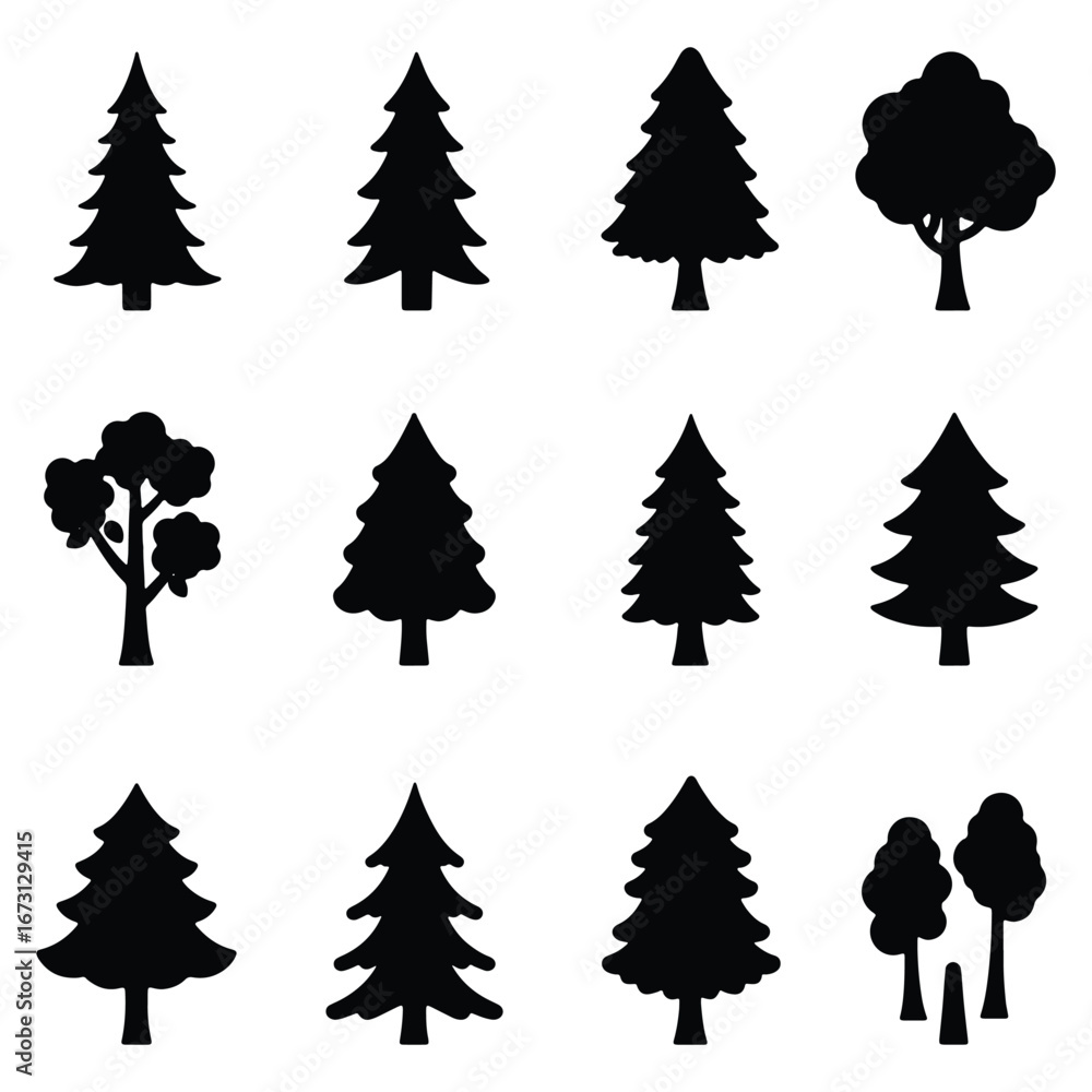 Obraz premium Collection of Tree Silhouettes for Forest Scenery Design Elements and Ecological Illustrations Perfect for Nature and Holiday Themes