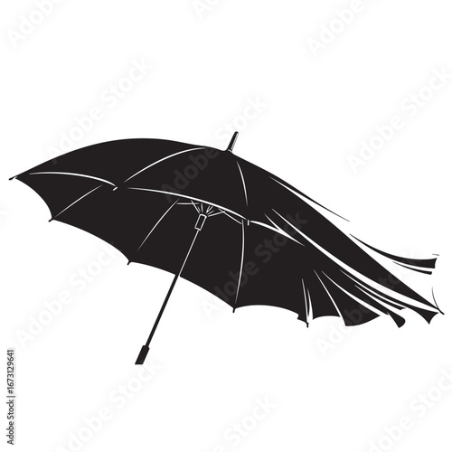 Black Umbrella Blown and Inverted by Strong Wind, Graphic Vector Art