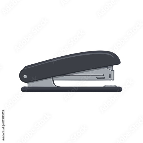 A clean, minimalist desktop stapler rendered in a 2D flat vector illustration, featuring solid colors and precise lines, isolated on a pristine white background.