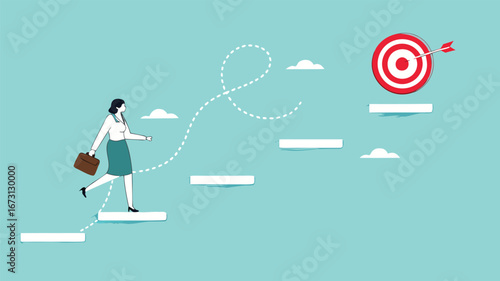 progress toward success or career success, journey to achieve target or business goal, personal development goal for work, way to achieve goal, businesswoman climbs the stairs towards her life's goals