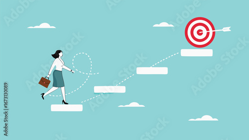progress toward success or career success, journey to achieve target or business goal, personal development goal for work, way to achieve goal, businesswoman climbs the stairs towards her life's goals