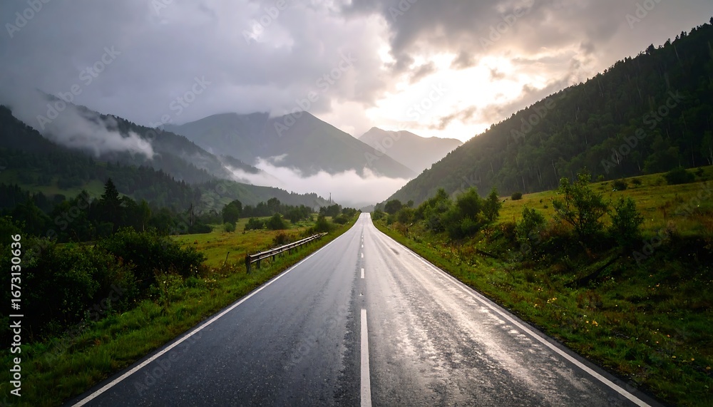 Naklejka premium Wet asphalt road vanishes into a misty mountain valley at sunset
