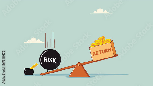 high risk high return business investment concept illustration, investor risk appetite in securities and investment asset to get high reward, The weight on seesaw creates a box of dollar prize money
