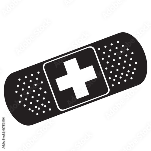 Black Adhesive Bandage with White Medical Cross Icon on White Background
