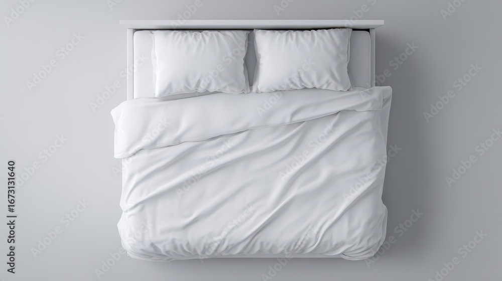 Obraz premium Stunning photo of blank white bed mock up, top view isolated, 3d rendering. Empty blanket and pillows mockup in bedstead. Doss with mattress and bedsheet in place for sleep.