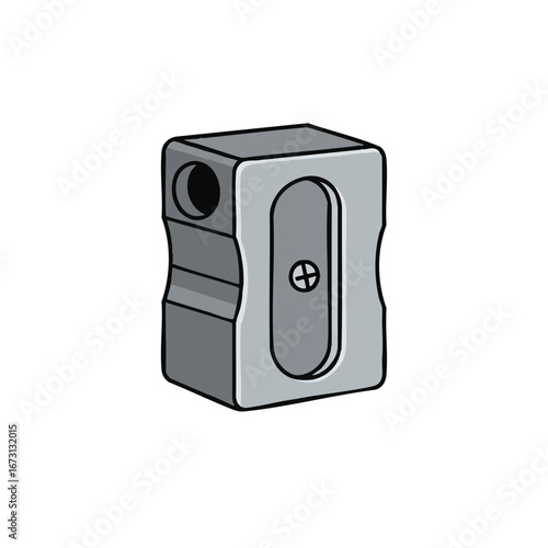 A minimalist classic metal pencil sharpener with clean lines and solid colors is depicted in a 2D flat vector illustration, isolated on a clean white background.