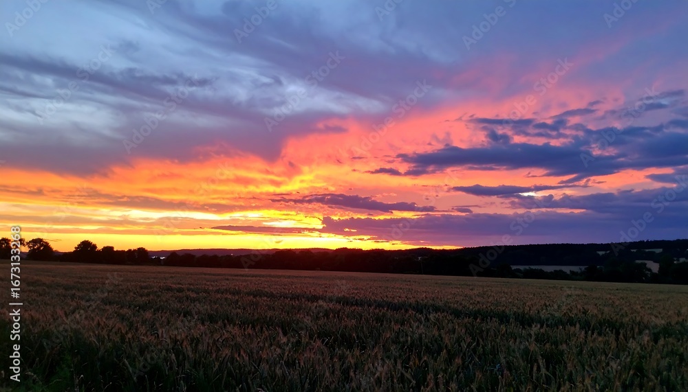 Obraz premium Vibrant Sunset Over a Rural Landscape with Dramatic Clouds.