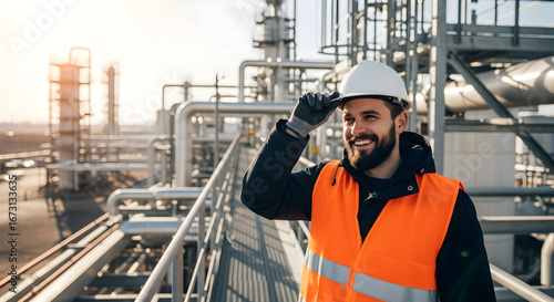 Smiling refinery worker in hard hat and safety vest, enjoying a sunny day at the industrial plant, feeling confident and successful in his job.