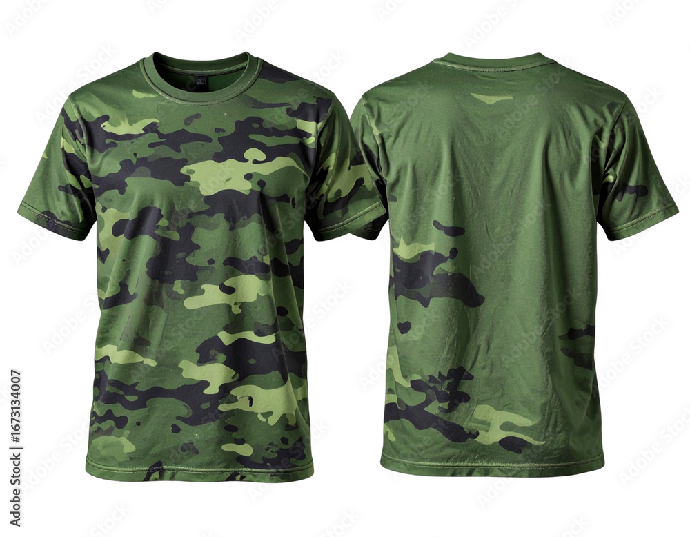 Naklejka premium Green and Black Camouflage T-Shirt Front View, Military Style Apparel, isolated on transparent background PNG