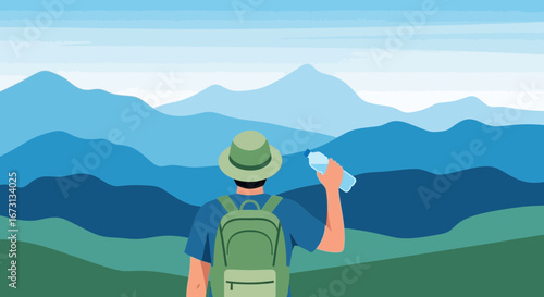 Man Enjoying Mountain Vista While Hiking Taking Time to Hydrate Outdoors