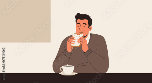 Man Enjoying Simple Breakfast With Sandwich And Coffee At Home In Morning