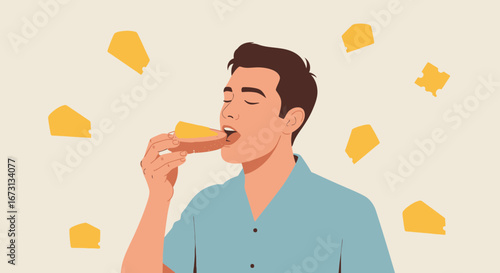 Man Enjoying Slice Of Cheesecake With Eyes Closed In Delightful Pleasure