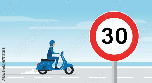 Motorcyclist Approaching Speed Limit Sign Indicating Thirty, Road Safety Awareness