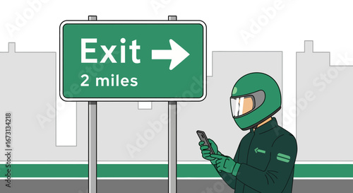 Motorcyclist Checking Navigation On A Phone Near Highway Exit In The City