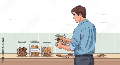 Man Examining Freshly Baked Cookies In Jars, A Delicious Homemade Snack Concept