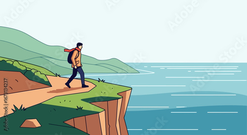 Man Exploring Coastal Trail With Scenic Ocean View And Mountain Landscape
