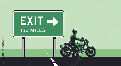 Motorcyclist Journeying Towards Exit Sign, Symbolizing Travel and Distance to Destination