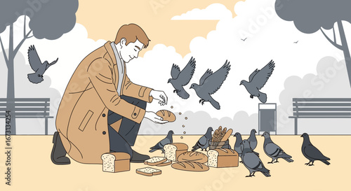 Man Feeds Pigeons Park Scene Showing Generosity And Peaceful Interaction