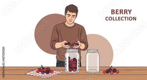 Man Gathering Fresh Berries For Illustration With Jars, Artistic Rendering