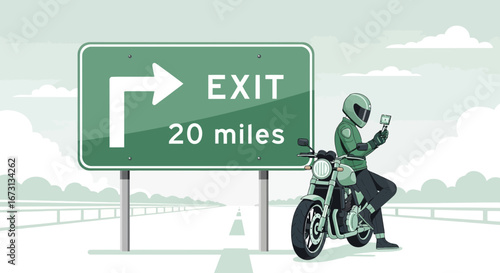 Motorcyclist Pauses To Capture Moment Near Signboard Indicating Exit Route