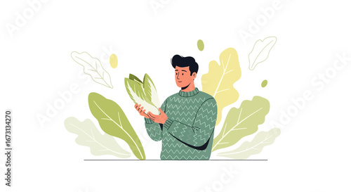 Man Examining Fresh Greenery Harvested From The Garden in Organic Nature